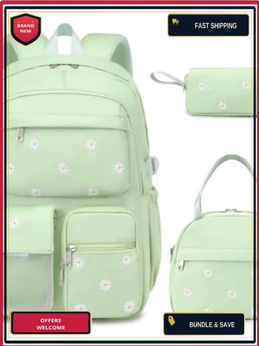 3PCS Girls Backpack Set with Lunch Bag and Pencil Case, Embroidered Floral,